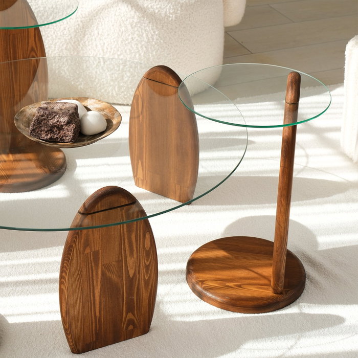 Hanah Home Mesa Auxiliar Castaño y Transparente de Cristal Templado y Madera Maciza 35x53x35 cm